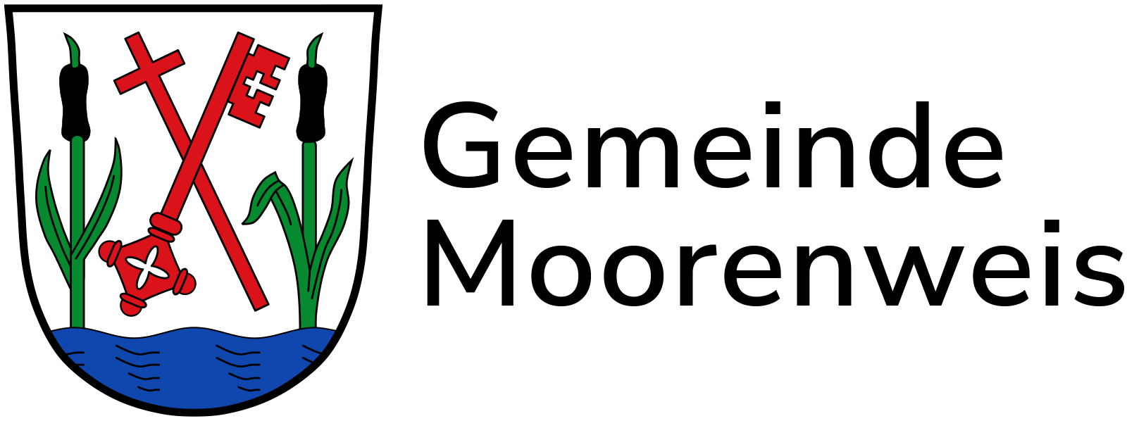 Moorenweis Wappen Das Bild zeigt das Wappen der Gemeinde Moorenweis mit zwei roten, gekreuzten Schlüsseln über blauem Wasser und grünem Schilf, daneben die fetten schwarzen Worte "Gemeinde Moorenweis".