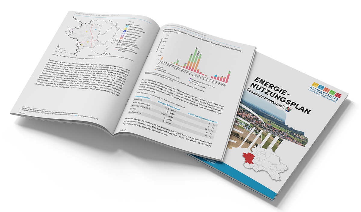 Ein aufgeschlagenes Heft zeigt neben deutschem Text Tabellen, Diagramme und Karten. Auf der Unterseite des Einbands steht "Energienutzungsplan Gemeinde Moorenweis" mit einer Regionalkarte und einem Landschaftsfoto.