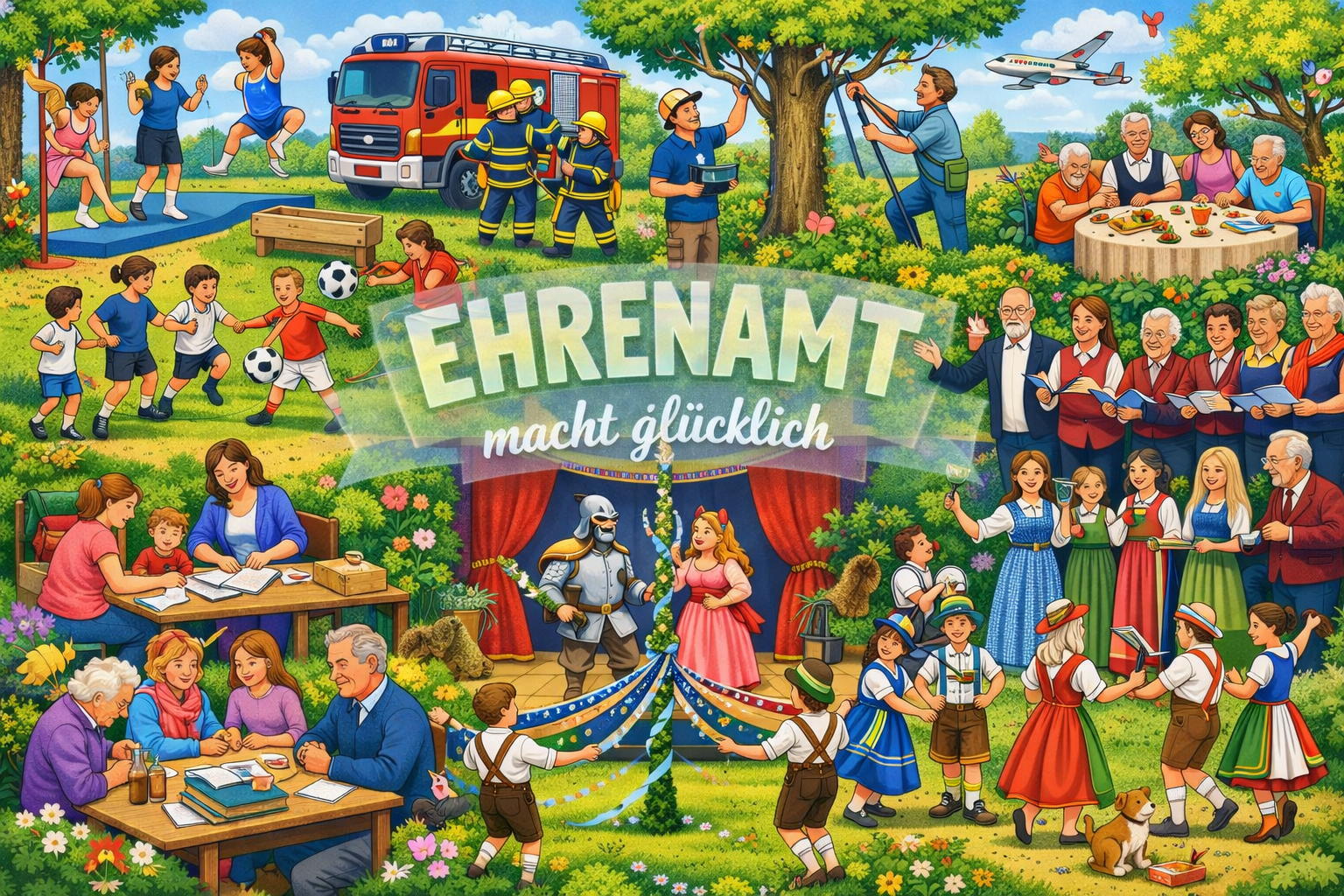 Bunte Illustration von Freiwilligen, die in den Bereichen Sport, Feuerwehr, Bildung, Altenpflege, Musik, Theater und traditioneller Tanz helfen. Der deutsche Text lautet "Ehrenamt macht glücklich".
