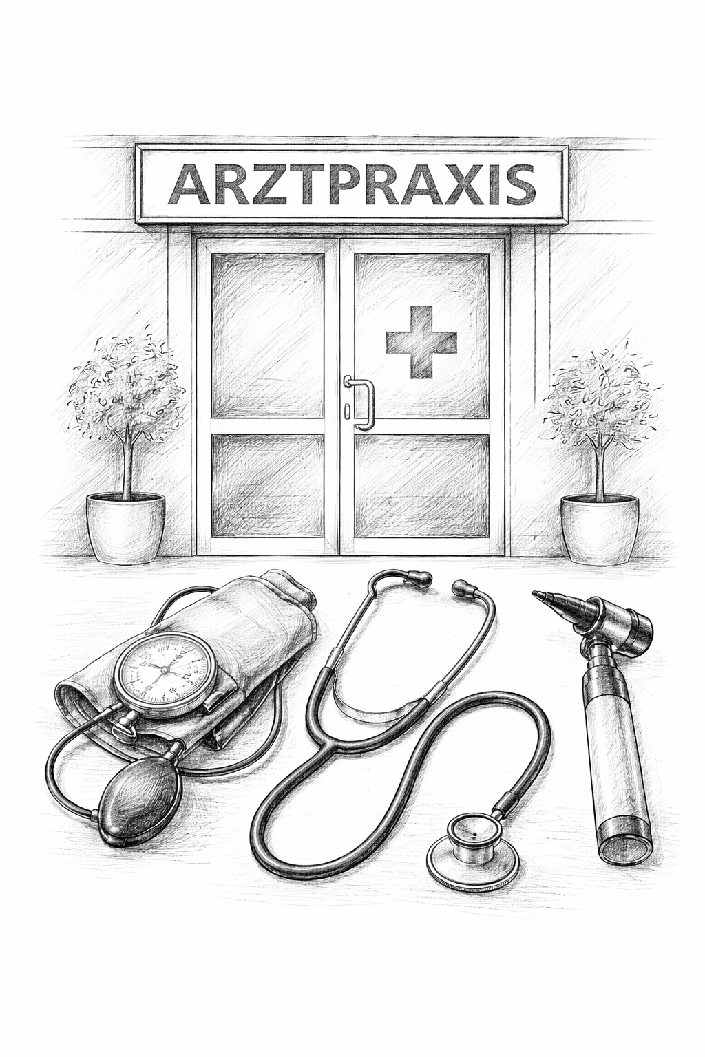 Eine Bleistiftzeichnung des Eingangs einer medizinischen Klinik mit der Aufschrift ARZTPRAXIS und zwei Topfpflanzen. Im Vordergrund sind ein Blutdruckmessgerät, ein Stethoskop und ein Otoskop zu sehen.
