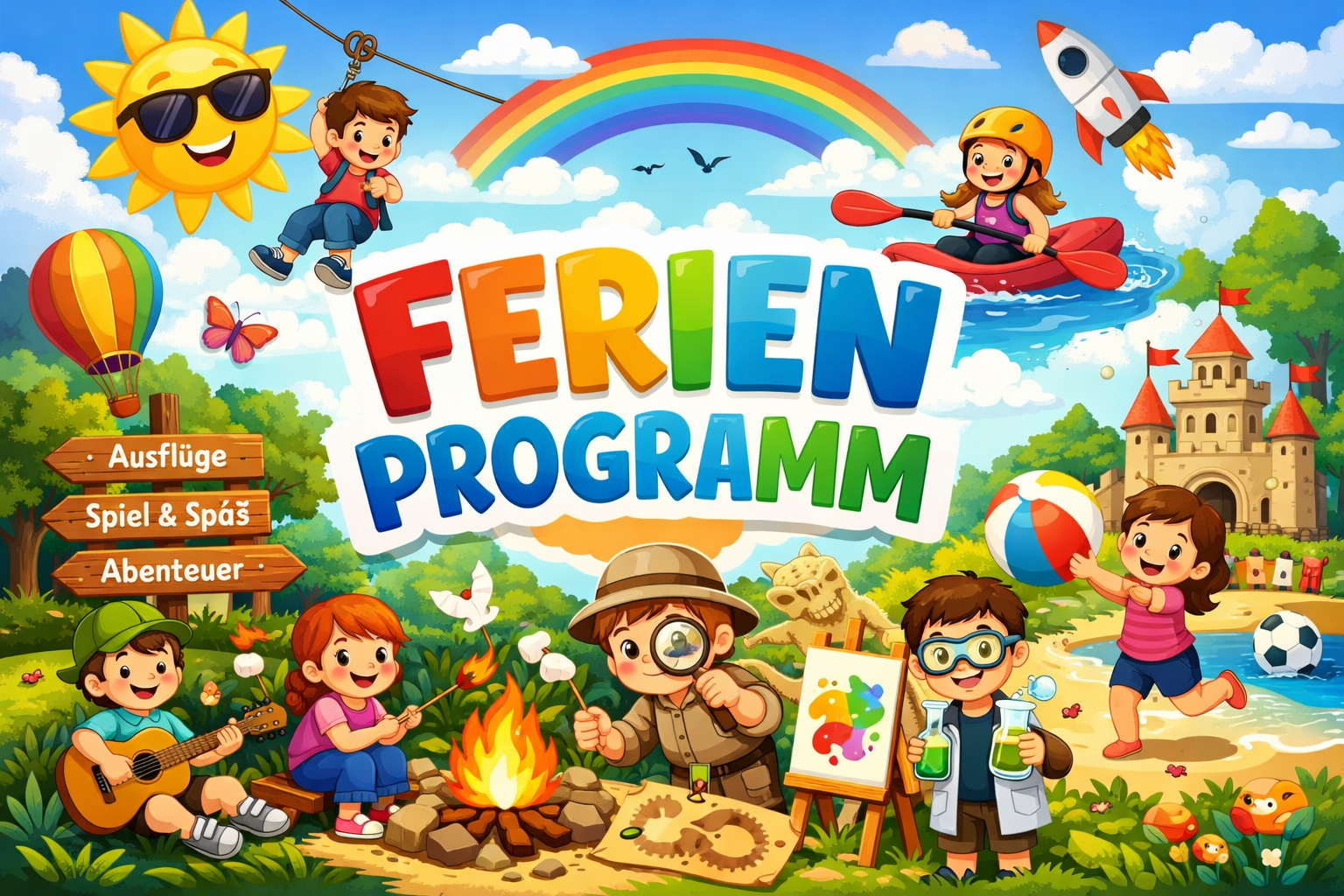 Fröhliches Cartoon-Plakat für ein Ferienprogramm zeigt Kinder beim Zelten, Gitarrenspielen, Malen, Kajakfahren und bei Aktivitäten im Freien mit einem Regenbogen, Sonne, Burg und Natur. Der Text lautet Ferienprogramm und listet Ausflüge, Spaß und Abenteuer auf.
