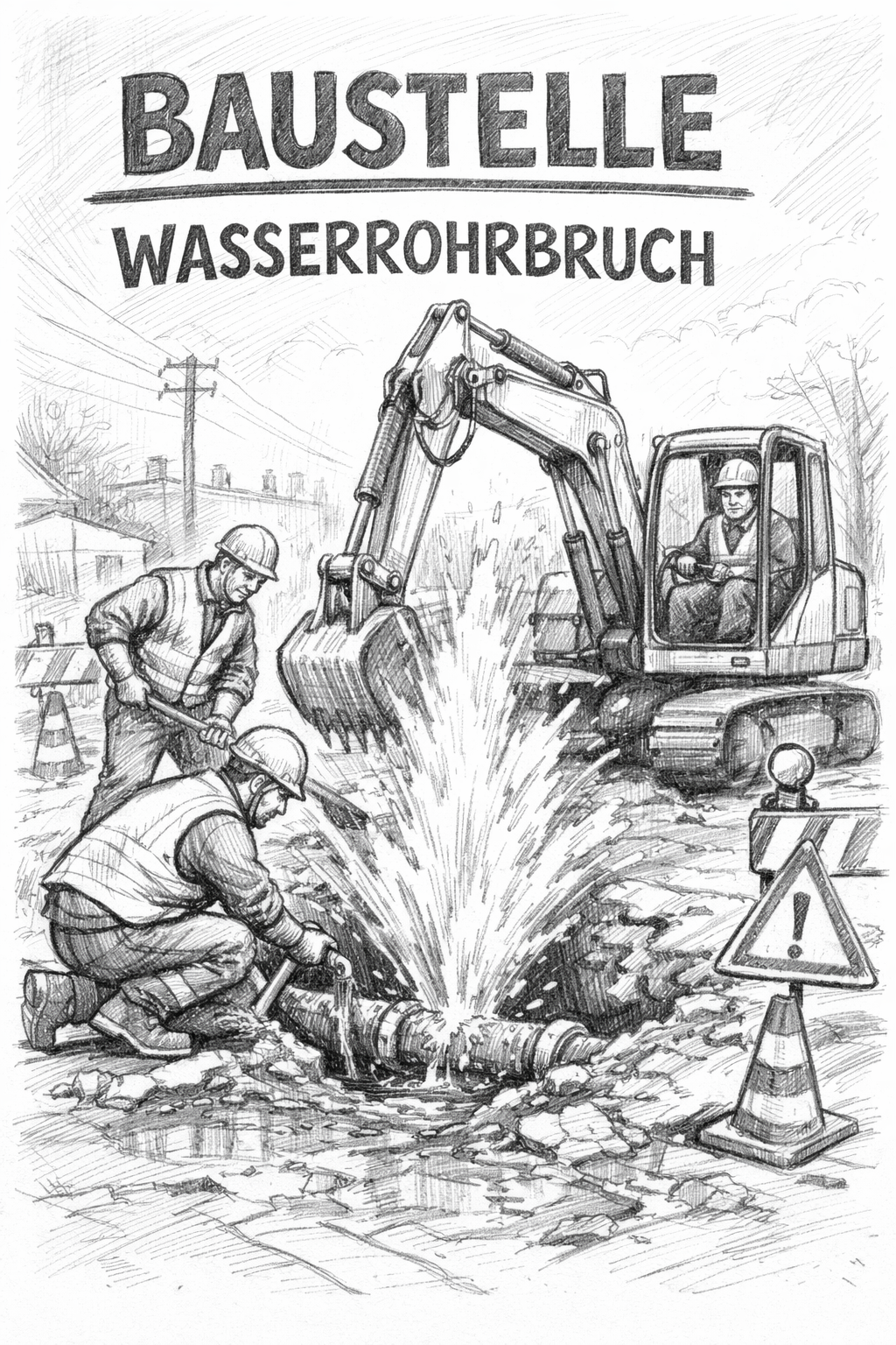 Eine Baustellenszene zeigt zwei Arbeiter, die eine geplatzte Wasserleitung reparieren, aus der Wasser herausspritzt. Ein Bagger und Warnschilder sind zu sehen. Die deutschen Worte "BAUSTELLE WASSERROHRBRUCH" erscheinen darüber.