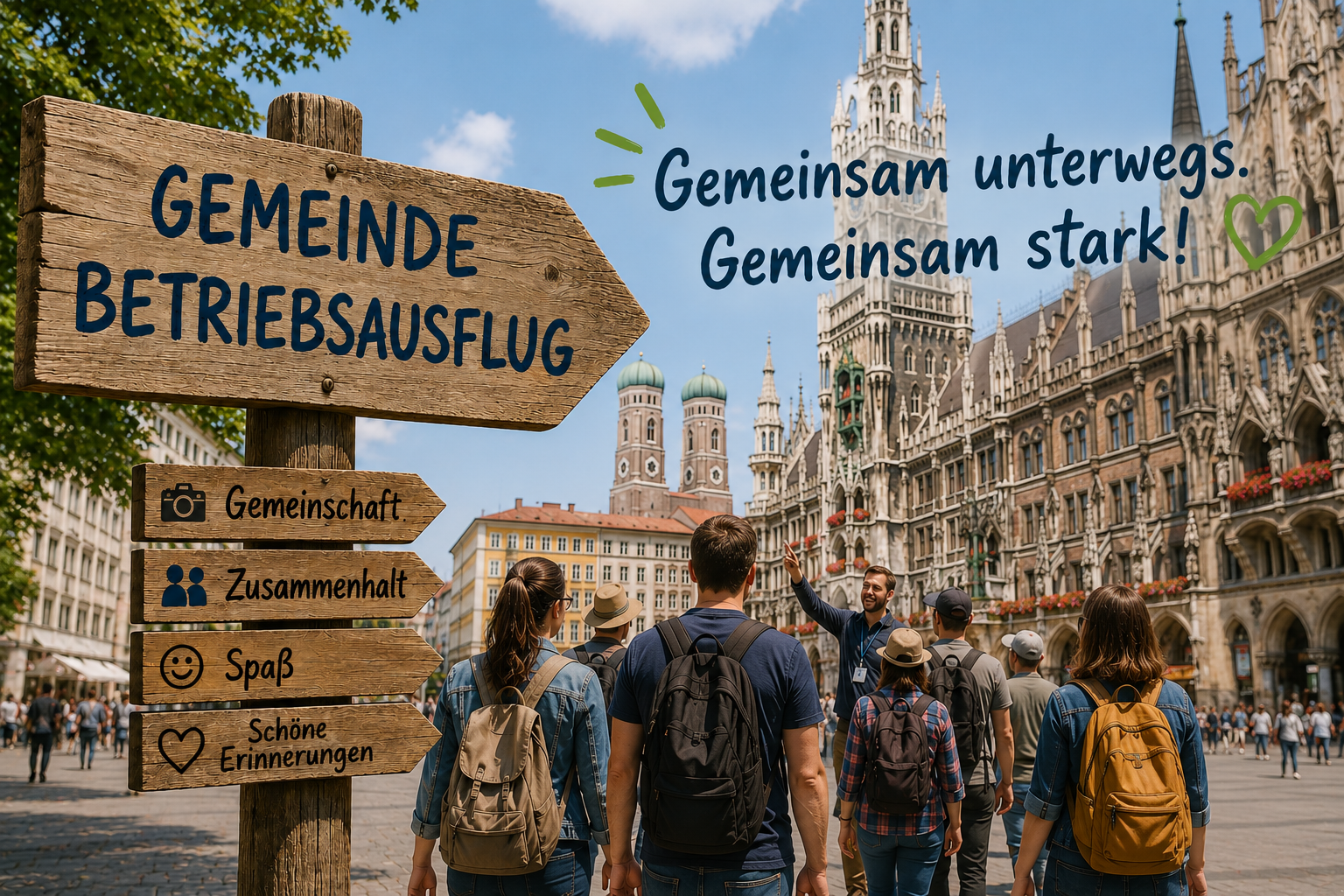 Eine Gruppe von Menschen geht auf den Münchner Marienplatz zu, mit einem hölzernen Schild mit der Aufschrift Gemeinde Betriebsausflug und Symbolen für Gemeinschaft, Einigkeit, Spaß und Erinnerungen. Der Text darüber lautet: Gemeinsam unterwegs. Gemeinsam stark!.