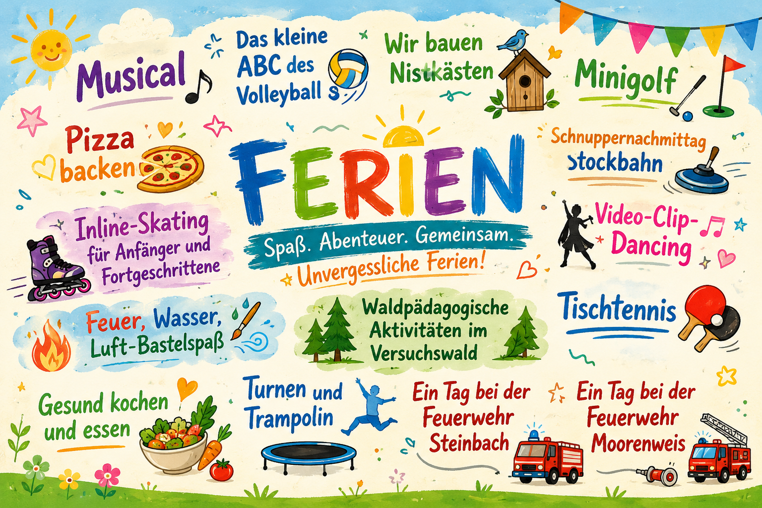 Buntes Plakat in Deutsch mit dem Titel Ferien mit illustrierten Symbolen, die verschiedene Ferienaktivitäten für Kinder zeigen, darunter Sport, Kochen, Basteln, Feuerwehrtage, Trampolin, Minigolf und Tanzen.