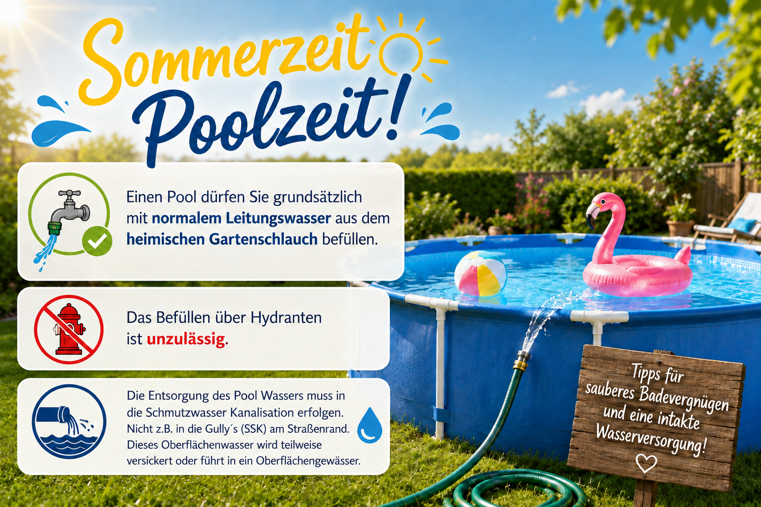 Eine Hinterhofszene mit einem runden blauen oberirdischen Pool, aufblasbarem Spielzeug und einem Rasen. Der deutsche Text gibt Tipps für die Verwendung von Poolwasser und rät dazu, Pools mit Leitungswasser und nicht mit Hydrantenwasser zu füllen und Poolwasser über die Kanalisation zu entsorgen.