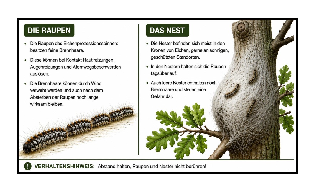 Infografik über Eichenprozessionsraupen und ihre Nester. Zeigt Raupen mit feinen Härchen und ein weißes, netzartiges Nest an einem Baum. Die Warnung rät dazu, Abstand zu halten und weder die Raupen noch die Nester zu berühren.