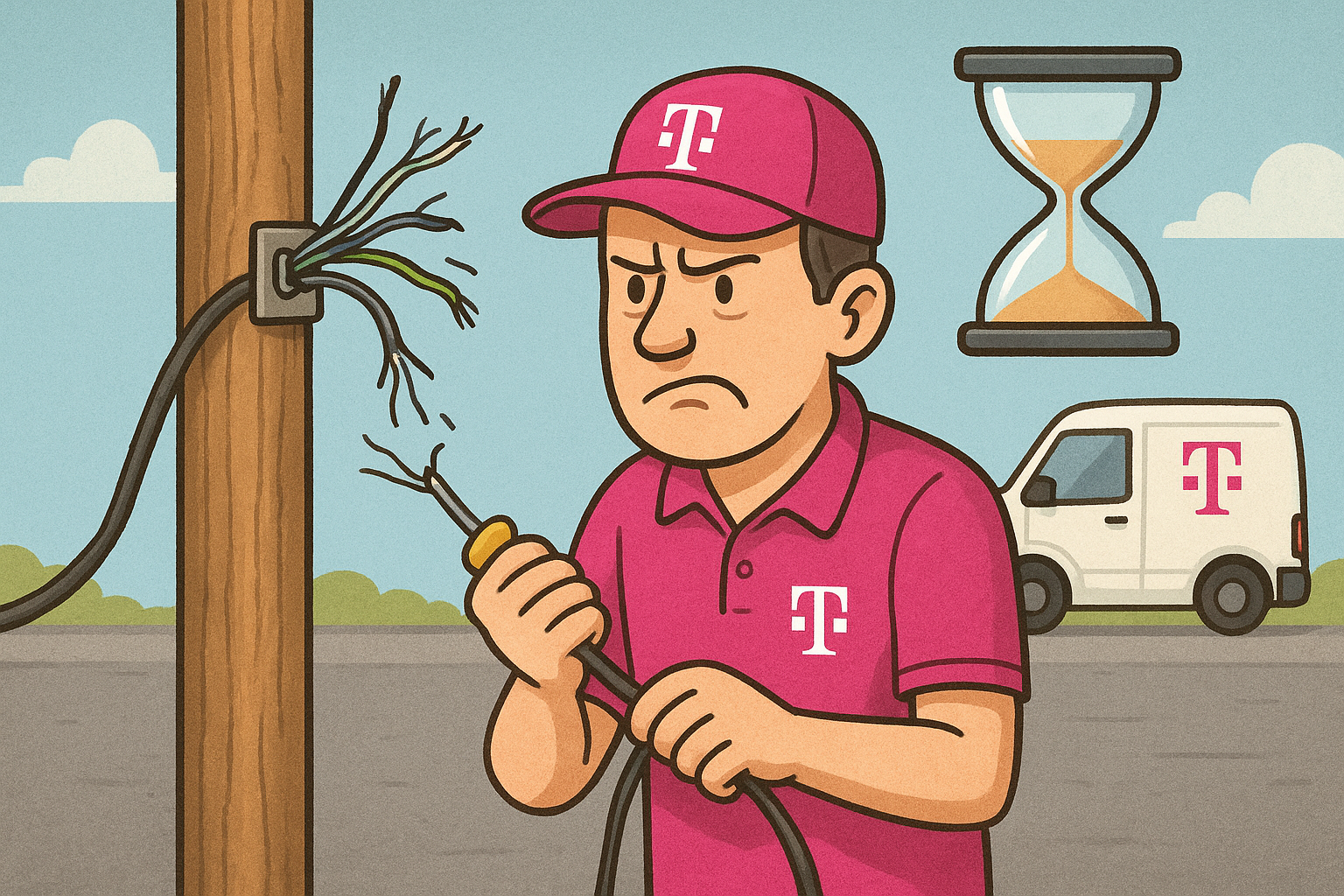 Ein Techniker in einer rosa Uniform mit einem T-Logo versucht mühsam, ausgefranste Kabel an einem Strommast anzuschließen. Im Hintergrund sind eine Sanduhr und ein Transporter mit demselben Logo zu sehen, was auf eine Verzögerung hindeutet.
