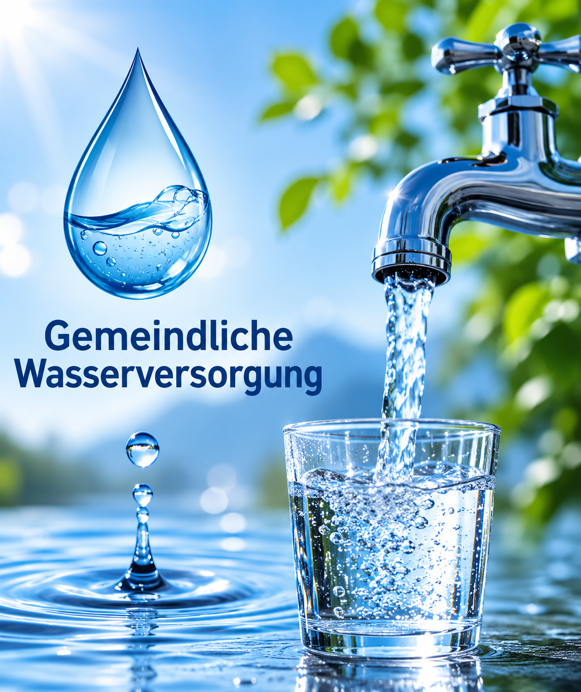 Im Freien füllt ein Wasserhahn ein Glas mit Wasser. Darüber sind ein Wassertropfen und die deutschen Wörter „Gemeindliche Wasserversorgung“ zu sehen, die die kommunale Wasserversorgung symbolisieren. Im Hintergrund sind grüne Blätter und Sonnenlicht zu sehen.