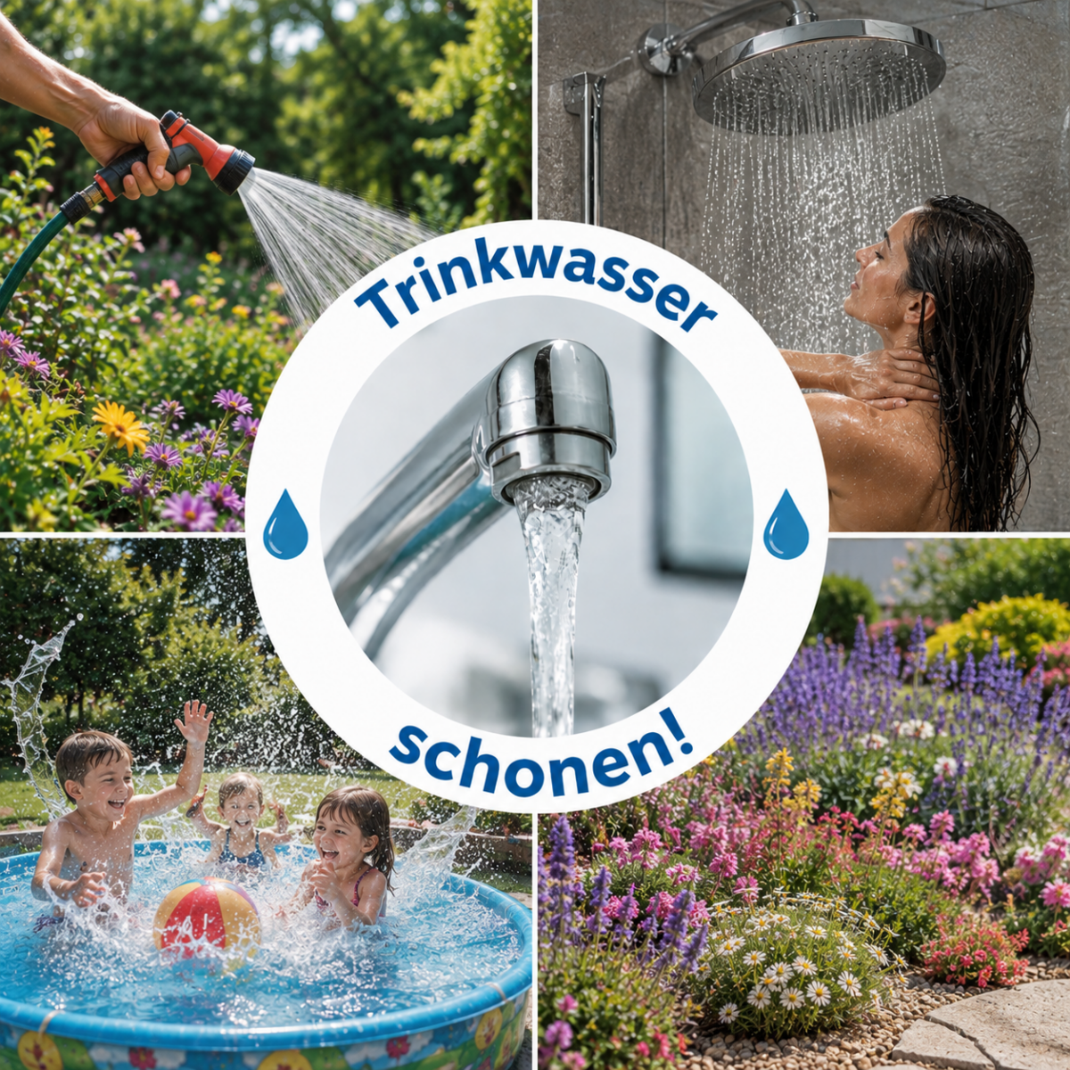 Trinkwasser schonen1 Eine kreisförmige Grafik zeigt einen laufenden Wasserhahn mit der Aufschrift „Trinkwasser schonen!“, umgeben von Bildern, die das Bewässern eines Gartens, das Duschen, spielende Kinder in einem Pool und einen bunten Blumengarten zeigen.