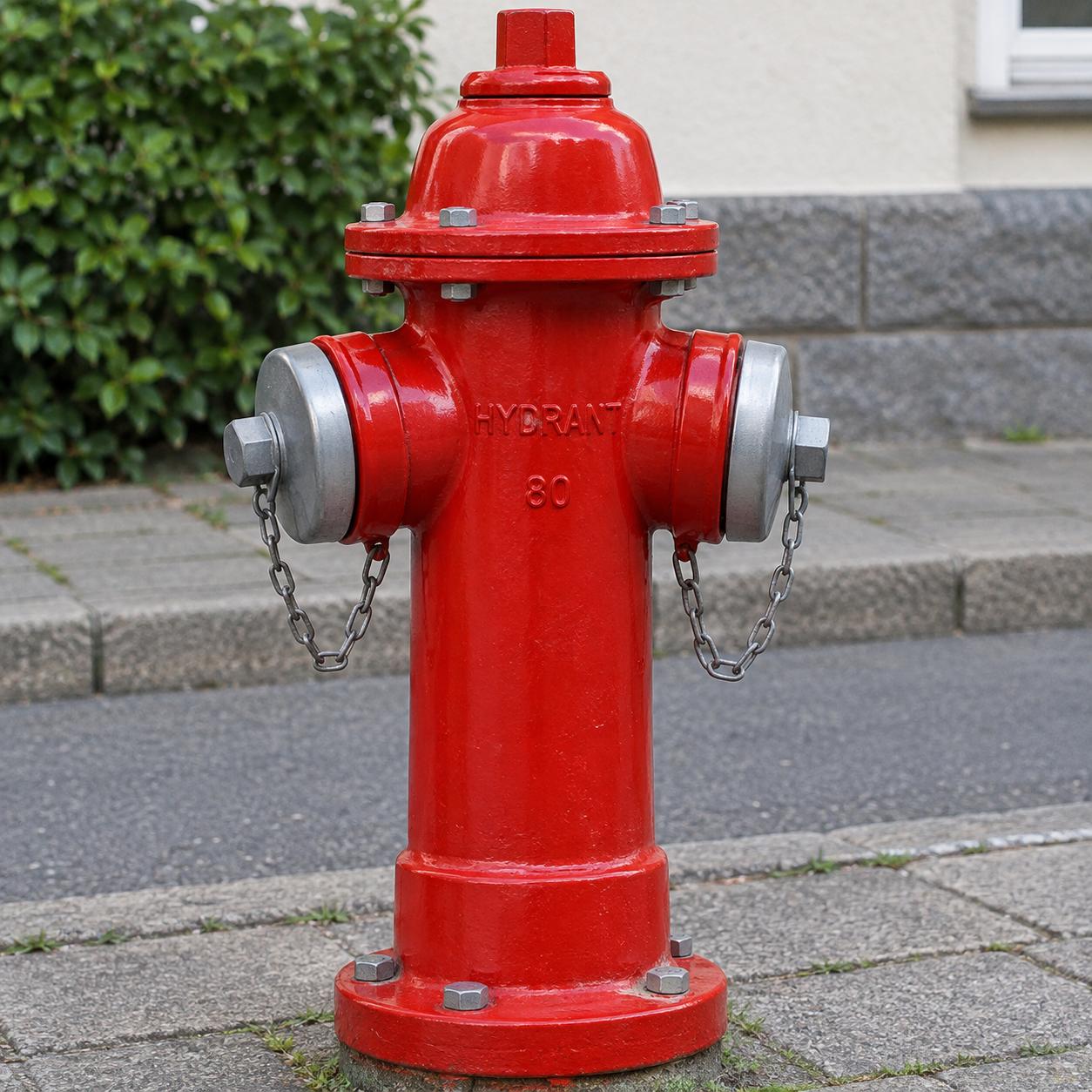 Ein leuchtend roter Hydrant mit Metallkappen und Ketten steht auf einem Bürgersteig in der Nähe von Grünflächen und einem Steingebäude.