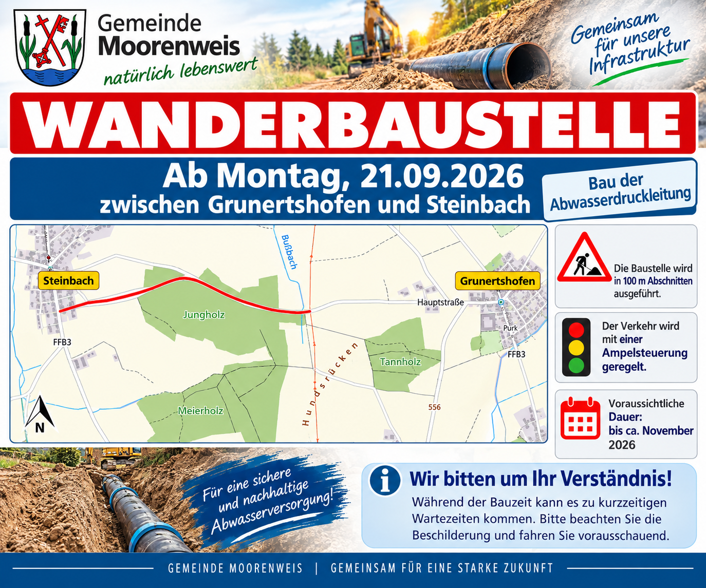 Informationsplakat für eine Baustelle mit einer Karte, Terminen, Hinweissymbolen und einem Text zu Abwasserleitungsarbeiten zwischen Grunertshofen und Steinbach, die am 21. September 2026 im Gebiet der Gemeinde Moorenweis beginnen.