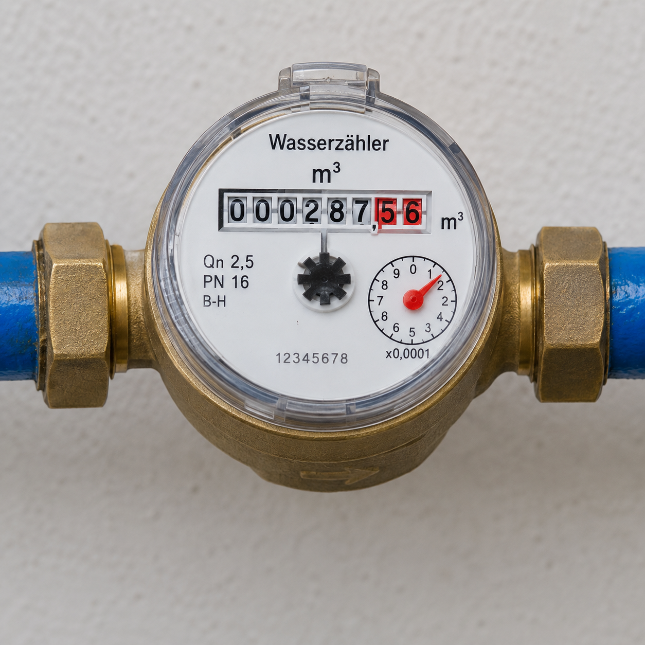 Eine Nahaufnahme eines Wasserzählers, an dem auf beiden Seiten blaue Rohre angeschlossen sind. Die Anzeige zeigt 287,56 Kubikmeter an, und auf dem Zähler ist der deutsche Text „Wasserzähler m³“ zu lesen.