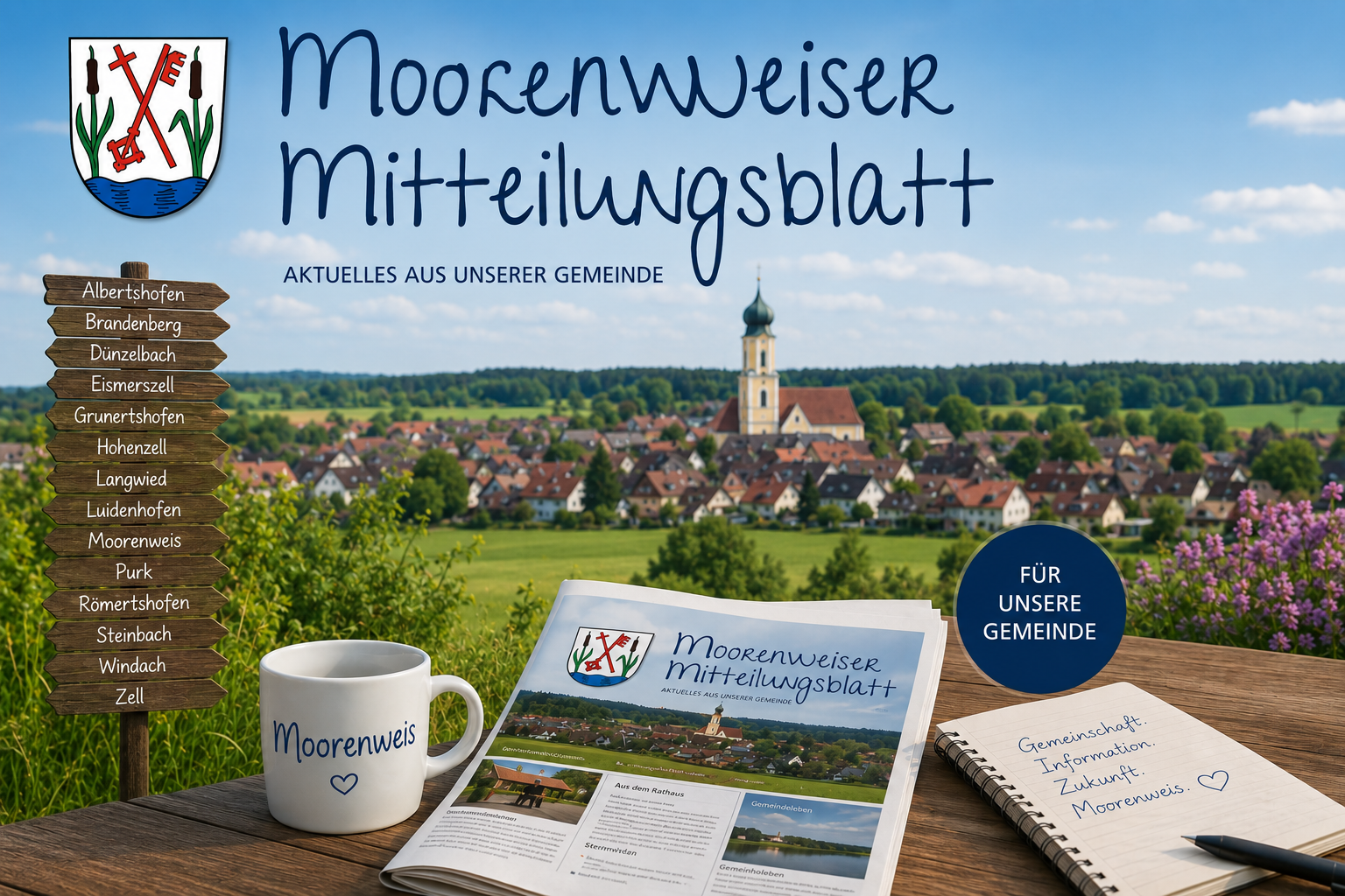 Auf einem Holztisch liegen ein Newsletter mit dem Titel Moorenweiser Mitteilungsblatt, eine Tasse mit der Aufschrift Moorenweis, ein Notizbuch und ein Wegweiser mit den Namen der umliegenden Dörfer, im Hintergrund ist ein Dorf zu sehen.